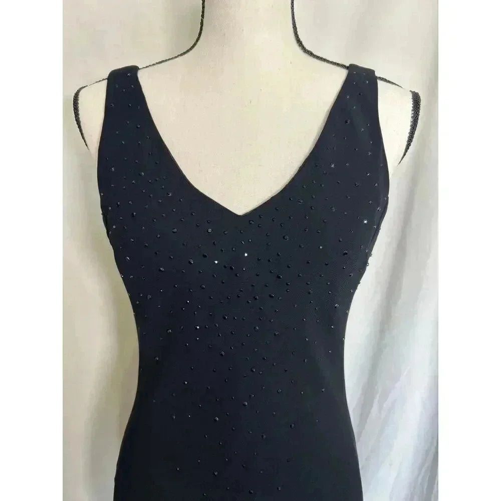 Vintage 90s Rhinestone LBD Evening Bias Cut Black Maxi Dress Jones New York Sz 8 - Picture 10 of 16